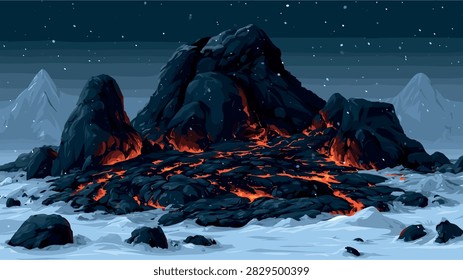 Stark Winter Landscape with Glowing Lava and Dark Mountains