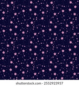 Starlight constellations seamless pattern vector illustration. Magic Night starry sky repeated wallpaper Universe backdrop.