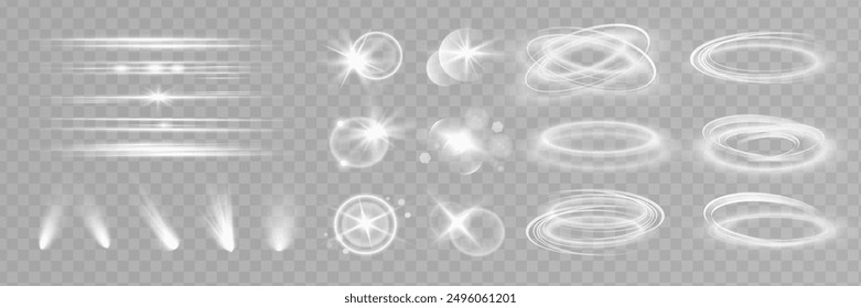 Juego de efectos Starlight y foco. Conjunto de efectos de luz transparente blanca aislada brillante, brillo, línea, flash solar, polvo, estrellas, luz solar, reflector, remolino, espiral, portal o túnel. Abstractas 