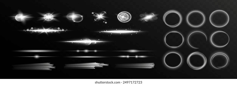 Conjunto de efectos de luz estelar y foco. Resplandor aislado blanco transparente efecto de luz conjunto, brillo, línea, flash del sol, polvo, estrellas, luz del sol, foco, remolino, espiral, portal o túnel