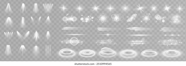 Conjunto de efeitos de luz estelar e holofote. Brilho isolado branco transparente luz efeito conjunto, brilho, linha, flash do sol, poeira, estrelas, luz solar, holofote, espiral, espiral, portal ou túnel. Resumo 