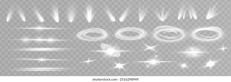 Conjunto de efectos de luz estelar y foco. Resplandor aislado blanco transparente efecto de luz conjunto, brillo, línea, flash de sol, polvo, estrellas, luz del sol, foco, remolino, espiral, portal o túnel. Abstractas 