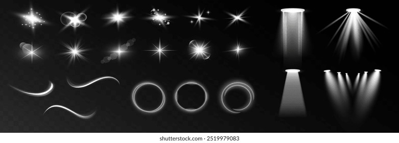 Conjunto de efectos de luz estelar y foco. Resplandor aislado blanco transparente efecto de luz conjunto, brillo, línea, flash de sol, polvo, estrellas, luz del sol, foco, remolino, espiral, portal o túnel. Abstractas 