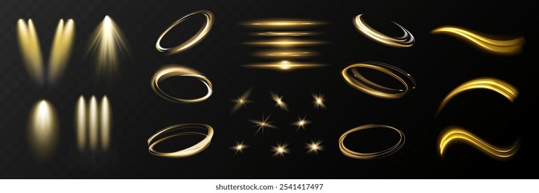 Starlight Effekt Set und Spotlight. Leuchten isoliert weißes transparentes Licht Effekt-Set, Glitter, Linie, Sonnenblitz, Staub, Sterne, Sonnenlicht, Spotlight, Drall, Spirale, Portal oder Tunnel. Abstrakter Sondereffekt