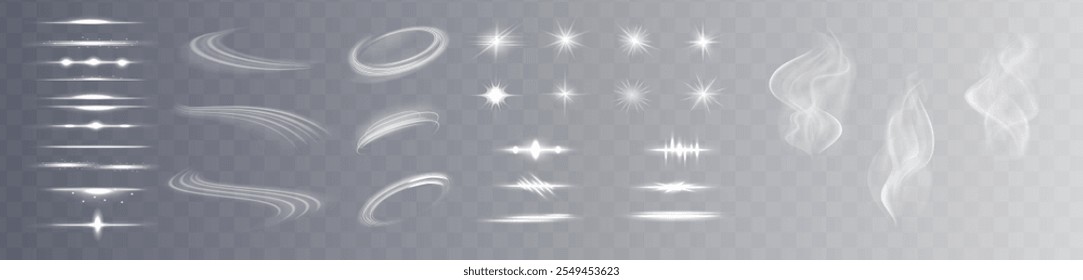 Starlight effect set and spotlight. Glow isolated white transparent light effect set, glitter, line, sun flash, dust, stars, sunlight, spotlight, swirl, spiral, portal or tunnel