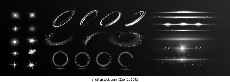 Starlight effect set and spotlight. Glow isolated white transparent light effect set, glitter, line, sun flash, dust, stars, sunlight, spotlight, swirl, spiral, portal or tunnel