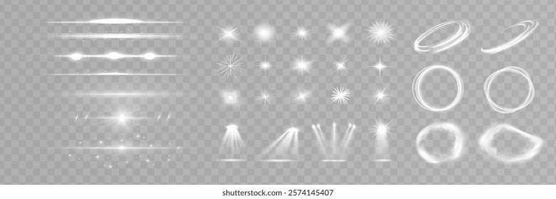 Starlight effect set and spotlight. Glow isolated white transparent light effect set, glitter, line, sun flash, dust, stars, sunlight, spotlight, swirl, spiral, portal or tunnel, rings of smoke