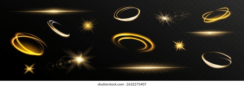 Conjunto de efectos de luz estelar y foco. Resplandor aislado blanco transparente efecto de luz conjunto, brillo, línea, flash del sol, polvo, estrellas, luz del sol, foco, remolino, espiral, portal o túnel