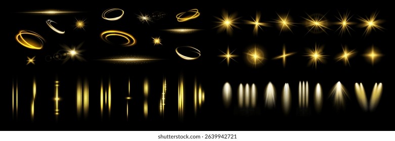 Starlight effect set and spotlight. Glow isolated white transparent light effect set, glitter, line, sun flash, dust, stars, sunlight, spotlight, swirl, spiral, portal or tunnel. Abstract