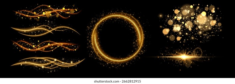 Starlight effect set and spotlight. Glow isolated white transparent light effect set, glitter, line, sun flash, dust, stars, sunlight, spotlight, swirl, spiral, portal or tunnel