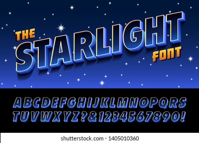 The starlight font is a 3d effect alphabet in deep blues and black, with color effects of being lit up by night time hues.