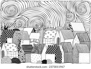 Starlight Night. Black And White Adult Coloring Book Page. Doodle. Zentangle.