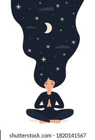 Noche estrellada. Niña en loto de yoga practica meditación. Ilustración vectorial en estilo plano. Mujer joven meditando