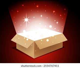 Starlight from an open gift box. Magic surprise box on red background. Holiday design. Vector art illustration