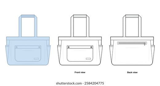 Starlight Organizer Tote Bag Technical Fashion Illustration. Shoulderbag Vector Template. Front and Back View. Spacious Carryall with Multi-Pocket Exterior. Reinforced Straps. CAD Mockup.