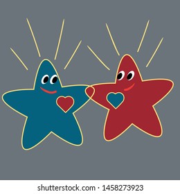 Star-like characters hold hands and look at each other with love