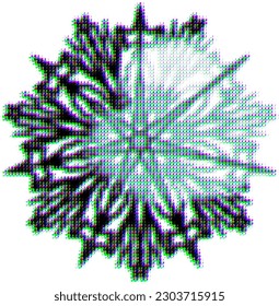 Starlike dot mandala in style of halftone dots effect, with CMYK glitch effect. Optical  blur effect (when far or close), shifting the CMYK spectrum. Highlighted by lightening upper right sector.