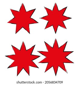 Figuras estelares. Signo de boom rojo cómico. Concepto de comunicación. Diseño de arte creativo. Ilustración vectorial. Imagen de archivo. EPS 10.