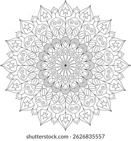 Mandala em forma de estrela com elementos florais em camadas e detalhes étnicos, adequado para meditação, atividades de coloração ou decoração espiritual
