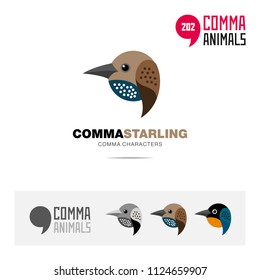 Starling bird concept icon set and modern brand identity logo template and app symbol based on comma sign