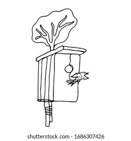 Starling in the birdhouse. Line art. Vector illustration.