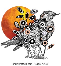 Starling on the background of the sun. Vector drawing. Stylish print, postcard. Flowers and bird on a white background.
