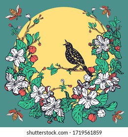 starling sings, wreath of blossoming apple tree vintage spring sketch