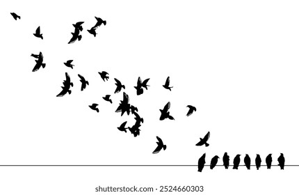 Estorninhos sentados sobre fios e voando para o céu . Bando de silhueta de pássaros voadores. desenho à mão. Não é IA. Ilustração vetorial.