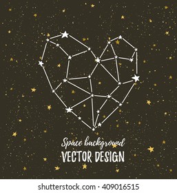 Starlit heart on the dark night sky  with stars. Vector background for valentine's card, love poster and wedding, greeting, invitation cards.Constellation in the form of heart.