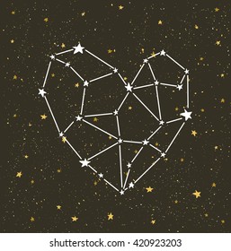 Starlit heart on the dark night sky with stars. Vector background.