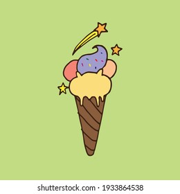 Starlit Ice Cream Fantasy: Vector clipart featuring an ice cream cone with comet and stars. Ideal for creating a magical and whimsical atmosphere in graphic designs and promotions