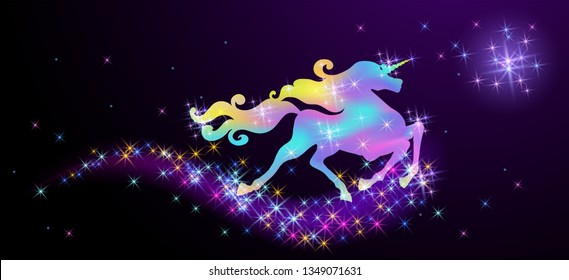 Starlit sky and galloping iridescent unicorn with luxurious winding mane against the background of the fantasy universe with sparkling stars