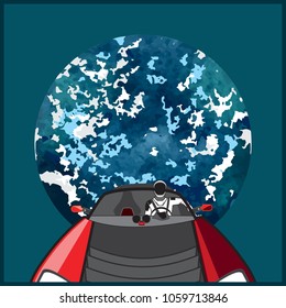 Starman in space suit on Tesla Roadster and "Don't panic!"in open space, shipped by SpaceX Falcon Heavy in February, 2018. Illustration with astronaut in space with blue earth and toy car  for poster.