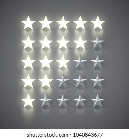 Star-rating set with 3D glowing stars and grey ones, vector illustration
