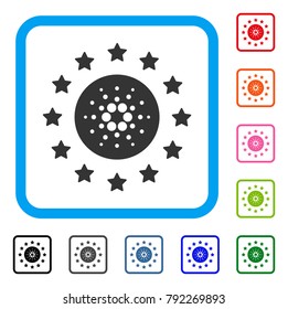 Starred Cardano icon. Flat grey pictogram symbol in a blue rounded frame. Black, grey, green, blue, red, orange color variants of starred cardano vector. Designed for web and software UI.
