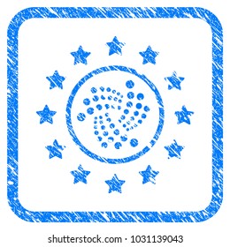 Starred Iota rubber seal stamp imitation. Icon vector symbol with grunge design and dust texture in rounded frame. Scratched blue stamp imitation on a white background.