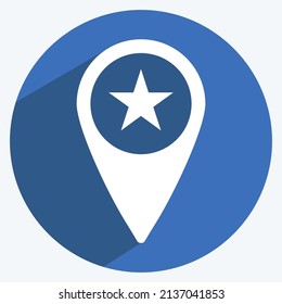 Starred Location Icon in trendy long shadow style isolated on soft blue background