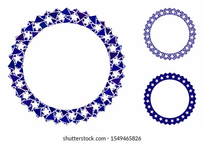 Starred rosette round frame composition of trembly parts in different sizes and color hues, based on starred rosette round frame icon. Vector trembly pieces are composed into composition.