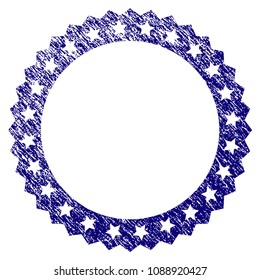 Starred rosette round frame grunge textured template. Vector draft element with grainy design and scratched texture in blue color. Designed for overlay watermarks and rubber seal imitations.