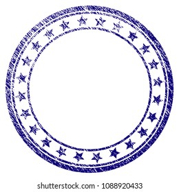 Starred round frame grunge textured template. Vector draft element with grainy design and corroded texture in blue color. Designed for overlay watermarks and rubber seal imitations.