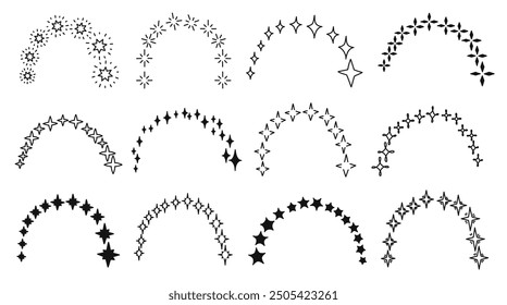 Starry arch. Magic starburst rainbow, minimalist doodle twinkling constellations curve and decorative sparkling star arches hand drawn vector set.