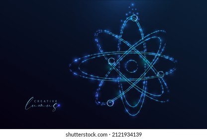 Starry Atom icon isolated on blue background. Neon light in the universe. Atomic neutron, Nuclear Atom tuquoise color. Holographic style vector.