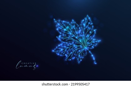Starry autumn leaf on blue background. Leaves symbol, outline design with bright dots and stars. Neon blue style. Modern, futuristic, contemporary technology icon. 