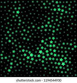 Starry background. Glitter design for greeting card, banner, Christmas and New Year card, party decor. Green vector stars on black background.