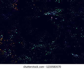 Starry background. Glitter design for greeting card, banner, Christmas and New Year card, brochure design, web, party decor. Colorful vector stars on dark background.