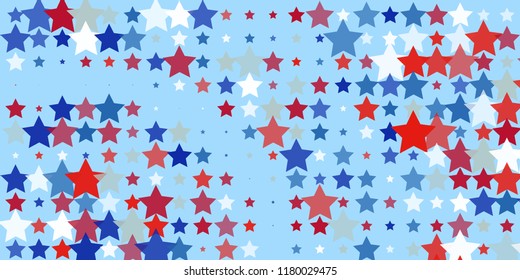 Starry background. Red, blue, white stars on light blue. American coloring. Bright design. Suitable for your design, cards, invitations, gifts, vip.