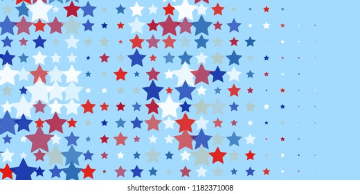 Starry background. Red, blue, white stars on light blue. American coloring. Bright design. Suitable for your design, cards, invitations, gifts, vip.
