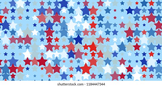 Starry background. Red, blue, white stars on light blue. American coloring. Bright design. Suitable for your design, cards, invitations, gifts, vip.