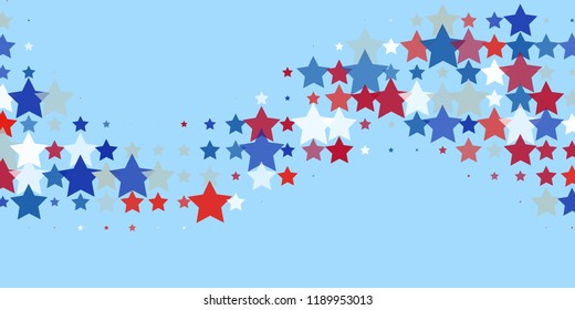 Starry background. Red, blue, white stars on light blue. American coloring. Bright design. Suitable for your design, cards, invitations, gifts, vip.