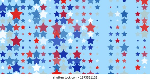 Starry background. Red, blue, white stars on light blue. American coloring. Bright design. Suitable for your design, cards, invitations, gifts, vip.